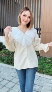 TW21629 เสื้อแขนยาว แต่งระบายลูกไม้รอบคอ คอวี ..