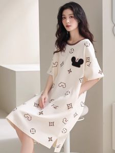 Modal Summer Pure Cotton Short Sleeve Sleep Dress Womens Midi Loose Cartoon 100% Cotton Home Clothes Comfortable Nightgown