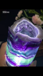 💜💚 紫绿萤石通(Purple Green Fluorite table lamp akik fluorite ) 📌全水晶原石打磨,过灯透光彩💁♀️✨ Free Base 附送彩光灯底座 💫书桌上摆放,创意&记忆力提升