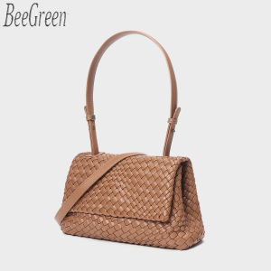 BeeGreen Women Fashion Woven Shoulder Bag Hand Knitted Underarm Bag High Quality PU Leather Handbag