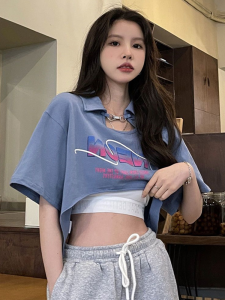 Summer Short Sleeve T-Shirt Women Loose Design Sweet And Spicy Chic Small Size Commute Korean Style POLO Neck Asymmetric Print Cotton Polyester