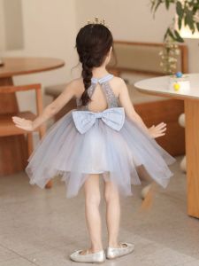 Blue Sequin Princess Dress for Girls Summer New Lightweight Strapless Neck Hanging Gown Child Fashion Cute Girls Dress