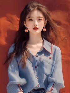 Blue Striped Polo Collar Shirt Chic Unique Korean Style Womens Fashionable Top Early Autumn New Arrival Casual Loose Fit Long Sleeve