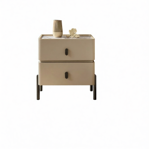 Natural Luxury Stone Top Cream Colored Double Drawer Metal High Leg Bedside Cabinet