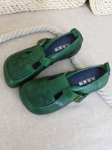 Green Womens Soft Leather Flat Sandals Retro Style Crossbody Slippers Comfortable Rubber Sole round Toe Daily Wear Footwear