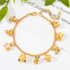 Bandai | Gold Plating Anime Cartoon Creature Charm Bracelet Cute Pikachu Character Pendant Adjustable Chain Bracelet Kawaii Cartoon Gift