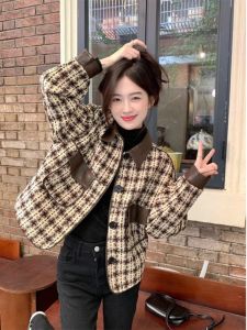 WANGGONGZHU | Elegant Retro Plaid Jacket Womens Autumn Winter Short Polo Collar Small Size Fashionable Commute Style Princess Cut Loose Fit