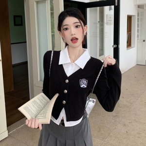 Wanita Rajutan+Kemeja Lengan Panjang Sweter Palsu Dua Bagian-bagian Atas