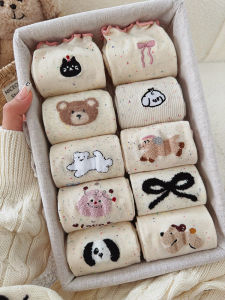 Cute Cartoon Cotton Mid-Calf Socks for Women Breathable Thin Sporty Socks Pure Cotton Summer Autumn Essential Five Pairs Pack