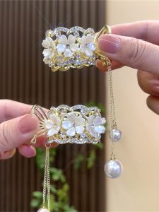 White Lotus Flower Butterfly Tassel High Ponytail Grip Back Head Hairpin Hairpin Fancy Rhinestone Pearl Barrettes