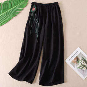 Vintage Art Embroidery Lotus Amoi Cool Silk Linen Loose Pants Female Easiest for Match Slim Looking Casual Ankle-Length Pants B836