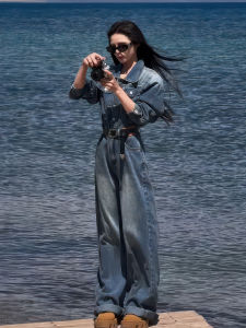 Retro Street Style High Waist Wide Leg Denim Jumpsuit Womens Long Sleeve Collared One-Piece Autumn New Fashion Trend
