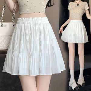 White Chiffon Pleated Mini Skirt Womens Summer New Style Small Size Casual High Waist Slimming Anti-Light A-Line Short Skirt