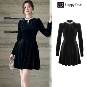 Happy Diva เดรสผู้หญิง เดรสสีดำ เดรสทรงเอ เดรสกำมะหยี่ เดรสทำงาน เดรสไฮโซ เดรสวินเทจ เดรสออกงาน เดรสปาร์ตี้ ชุดราตรี 40648