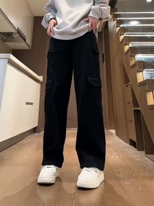 SINRANSINYA กางเกงคาร์โก้ - ชุดขนาดใหญ่ กางเกงคาร์โก้ โปรโมชั่นสบายๆ สีทึบ ขายวัย