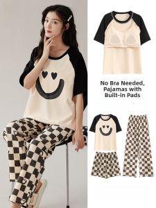 MiiOW | Pure Cotton Sleepwear Womens Summer Thin Three-piece Set With Chest Pad Cute Cartoon Home Clothes MiiOW Cat Person