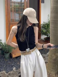 HUOLISI | Slim Short Knitted Black Sleeveless Blouse