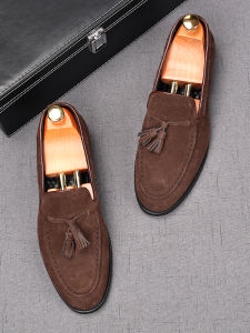 Leather Slip-On Mens Shoes British Style Faux Suede Fringe Loafers Heightening Easy Wear Casual Low Heel Rubber Outsole