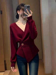 QFN | Vintage Stylish Burgundy Slim Fit V-Neck Tie Waist Long Sleeve Knitwear