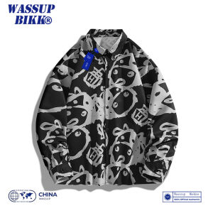 Wassup Bikk Full Printed Pink Long Sleeve Shirt Mens Spring and Autumn Fashion Brand Loose Casual Couple Shirt Coat