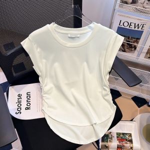 Stylish High-end French Design Asymmetric Short Sleeve Round Neck T-shirt