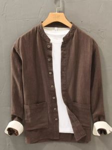 Casual Retro Chinese Style Long Sleeve Linen Shirt Mens Spring Autumn Loose Stand Collar Cotton Linen Shirt Youth Trend