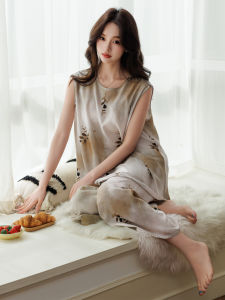 KASIHAN | Elegant and Breathable Silk Cotton Womens Pajamas Sleeveless and Long Pants