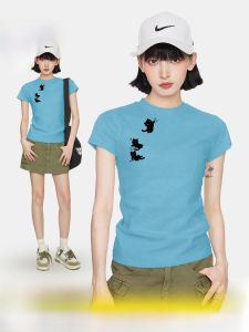 Blue Cat Print Short Sleeve T-Shirt Womens Summer Slim Fit Casual round Neck Top Commute Style Fashionable Cat Lovers Tee