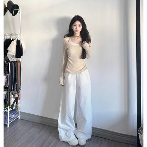 HUOLISI | Apricot Color Fake Two Pieces Off-Shoulder U-Neck Knit Sweater