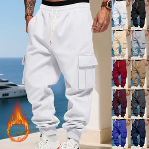 Mens Heavyweight Fleece Casual Pants Autumn Winter American Loose Sports Multi-pocket Cargo Jogging Trousers