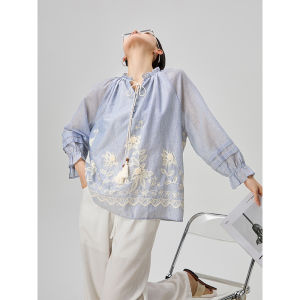 GULILI | Blue Embroidered Puff Sleeve UV Protection Womens Shirt