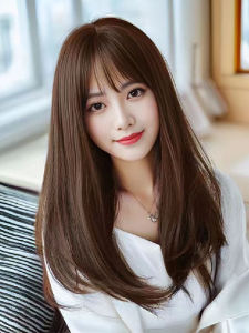 ผมปลอมสีธรรมชาติสำหรับผู้หญิง ทรงผมยาวตรง หน้าม้าปานกลาง ทรงผมสั้น ทรงผมสำหรับใบหน้ากลม ชุดผมที่ครอบคลุมทั้งหัว