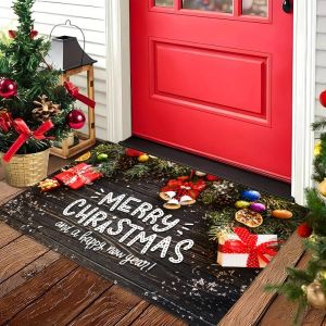 VIKAMA Red Christmas Doormat Santa Sleigh Reindeer White Snowflake Border Welcome Mat Xmas Front Entry Rug Holiday Decor