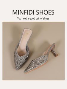 Bing Flash ~ French Entry Lux Rhinestone High-Heeled Closed Toe Sandals Outwear Fashion Muller Half Slippers Womens Summer Stiletto Heel