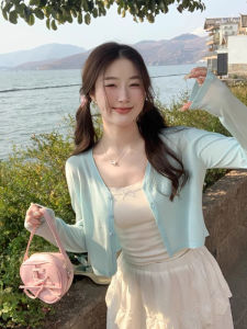 เสื้อคาร์ดิแกนถักสีน้ำเงิน แขนยาว คอวี ปกป้องแสงแดด ผ้าไหมน้ำแข็ง ผ้าโปร่ง ชุดเดรสฤดูร้อน สำหรับผู้หญิง