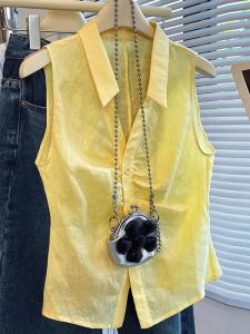 เสื้อเชิ้ตแขนกุดทรงเข้ารูปสไตล์เกาหลีสำหรับผู้หญิง ทรงเข้ารูป แขนกุด คอพับ สีเหลือง ทรงเข้ารูป ทรงเข้ารูป เสื้อเชิ้ต