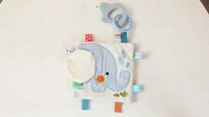 Elephant Baby Security Blanket with Detachable Silicone Teether Press to Sound Textured Ribbon Dual Sided Sensory Baby Toys Gift