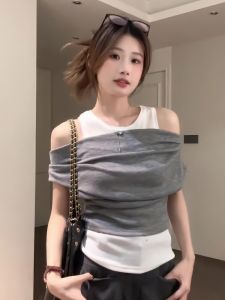 Slimming Effect Grey Off-Shoulder Neck Hanging T-Shirt Womens Fashionable Korean Style Slim Fit Short Sleeve round Neck Top