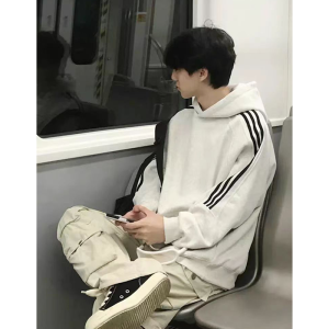 American Style Hoodie Mens Autumn Winter New Fashion Loose Casual Hat Shirt Three Bars Hong Kong Style Streetwear Sweatshirt