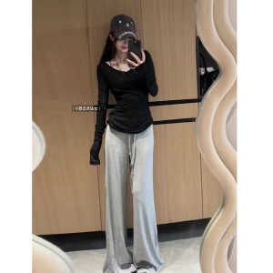 Long Knitted Wide Leg Pants Floor Length Casual Trousers for Tall Women Spring 2026 New Style Casual High Waist Other Material