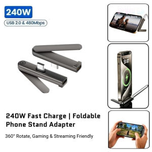 Miro 360° Rotatable Foldable Charging Adapter with Built-in Phone Stand240W Fast Charge & 480Mbps Data TransferType‑C Data Cable compatible with iPhone 15/17 Android Tablet LaptopGaming Elbow Adapter for Office TravelCharger Gadgets