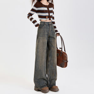 Retro American Vertical Striped Wide Leg Jeans Womens Autumn 2025 New Vintage Hong Kong Style Loose Straight Tube Pants