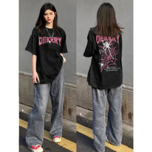 เสื้อยืดคอกลมแขนสั้นผ้าฝ้ายแท้พิมพ์ลายตัวอักษรสำหรับผู้หญิงในช่วงฤดูร้อน เสื้อผ้าทำงานสไตล์เกาหลีหลวมๆ ที่สวมใส่ได้หลากหลาย