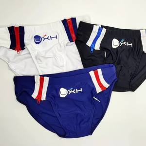 Quần Bơi Nam Cạp Thấp Có Khóa Kéo Họa Tiết Trắng Thời Thượng Đệm Nâng U-Convex Gợi Cảm Thêm Miếng Lót Đồ Bơi Nam Trẻ Trung Chất Liệu Polyester Và Elastane Dệt Kim