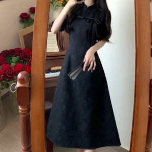 Plus Size New Chinese Style Fancy Black Jacquard Cheongsam Dress for Women Chubby Girl Slim Looking Belly Covering Anti-Aging Elegant Dress Summer