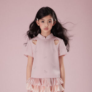 LOVESASAKIDS | New Chinese Style Collar Stand Heart-shaped Lace-up T-shirt Shiny