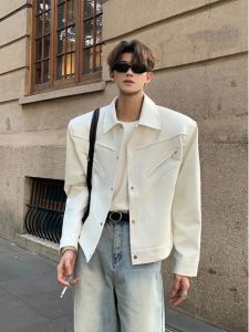 Cleanfit White Cropped Leather Coat Mens Trendy Fancy Handsome Pilot Leather Jacket Padded Shoulder Motorcycle Clothing