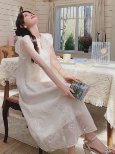 Elegant Slimming White Embroidered Floral Tunic Dress with Flying Sleeves for Women Summer New Style Gentle Soft Long Dress