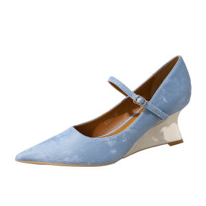 New Chinese Style Blue Mary Jane Slope Heel High Heels Womens 2025 New Elegance Slip-On Single Shoes Fashionable Leather