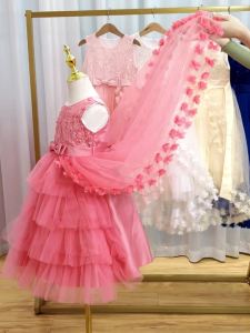 Elegant Flower Trailing Girls Party Dress Christmas Costume Tulle Bow Wedding Princess Dresses Girl Birthday Bridesmaids Evening